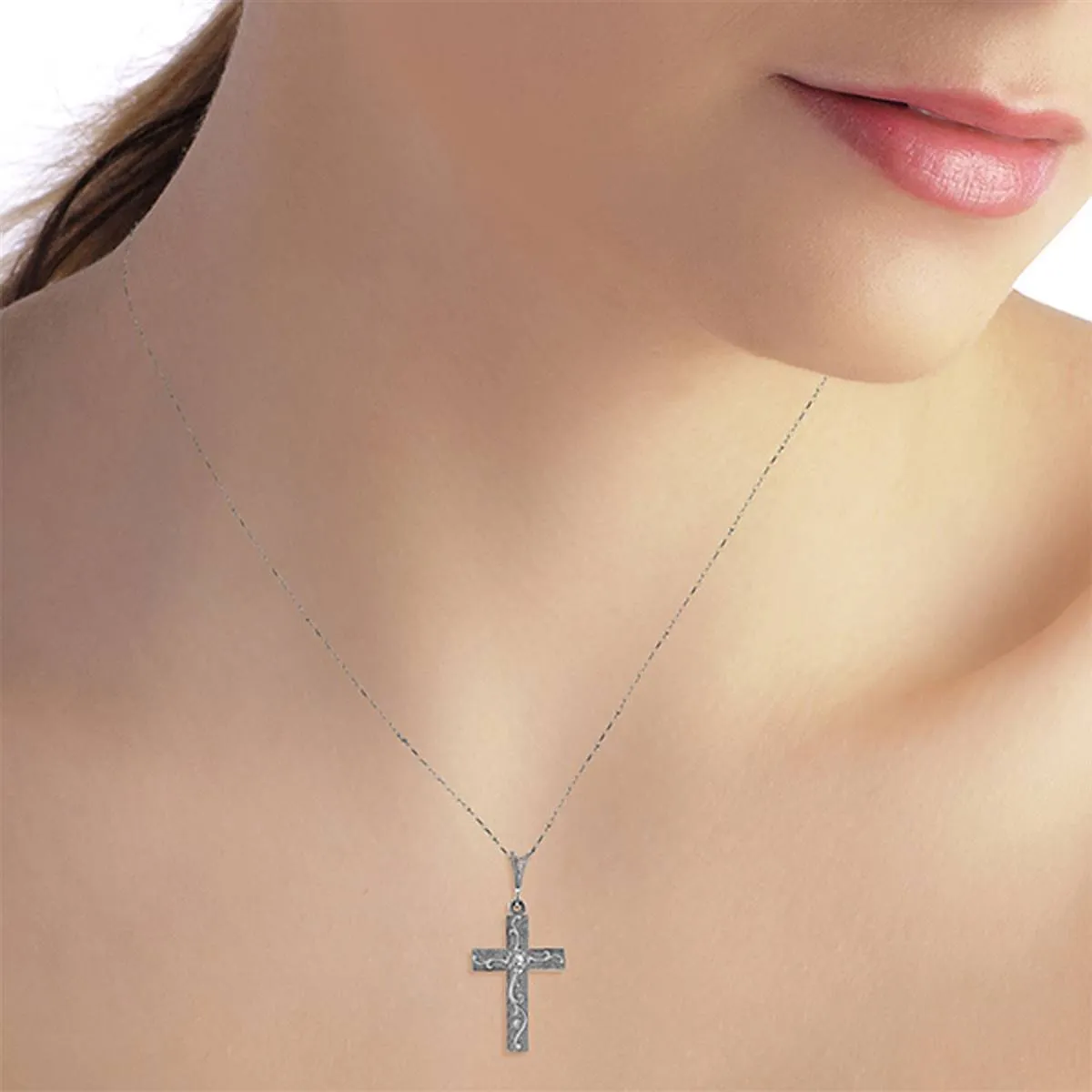 0.05 Carat 14K Solid White Gold Cross Necklace Natural Diamond