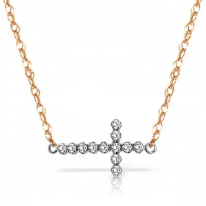 0.18 Carat 14K Solid Rose Gold Cross Necklace Natural Diamond