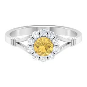 1 CT Split Shank Citrine Flower Engagement Ring with Diamond