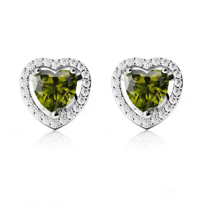 10k White Gold Plated 1 Ct Created Halo Heart Peridot Stud Earrings