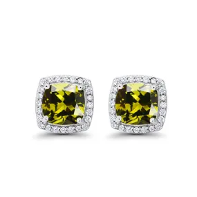 10k White Gold Plated 1/2 Ct Created Halo Princess Cut Peridot Stud Earrings