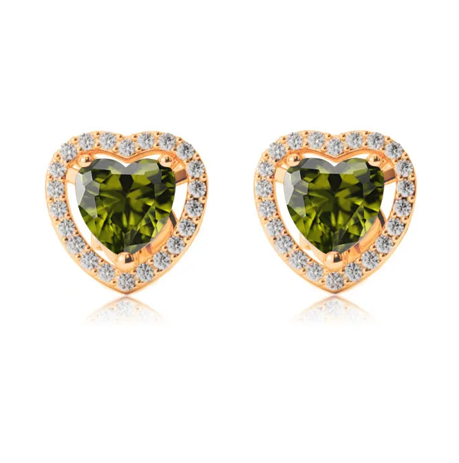 10k Yellow Gold Plated 1 Ct Created Halo Heart Peridot Stud Earrings