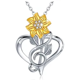 1/10 ct. Simulated Diamond Heart Sunflower Necklace Treble Clef Note Music Jewelry Silver Daisy Flower Mother's Day Singer Gift 20in.