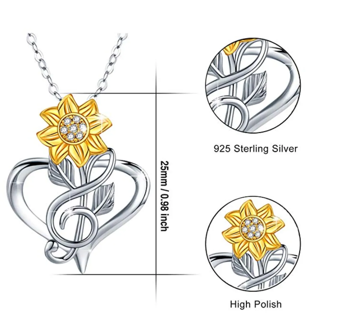 1/10 ct. Simulated Diamond Heart Sunflower Necklace Treble Clef Note Music Jewelry Silver Daisy Flower Mother's Day Singer Gift 20in.