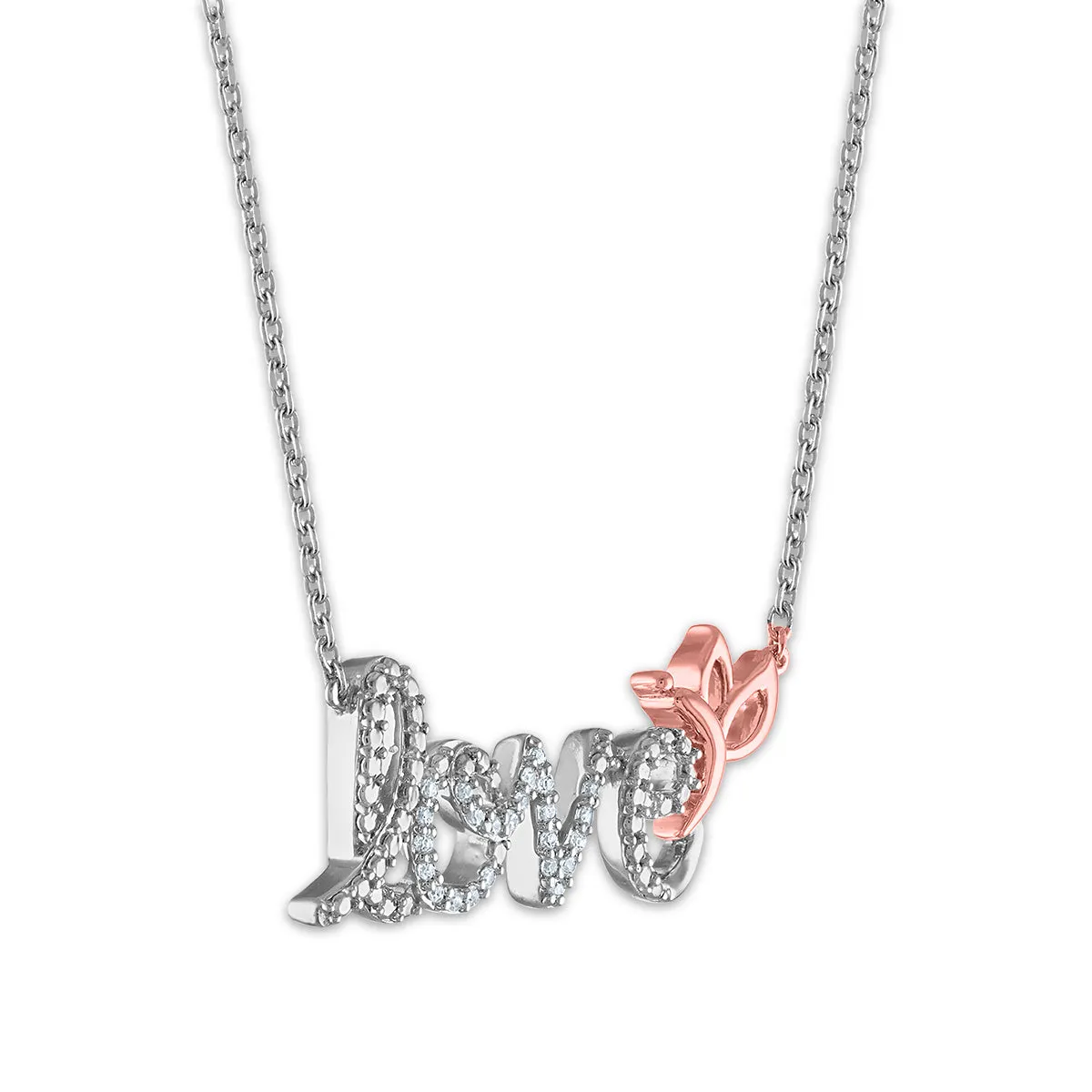 1/12 CTW Diamond LOVE with Butterfly Necklace in Rose Gold Plated Sterling Silver