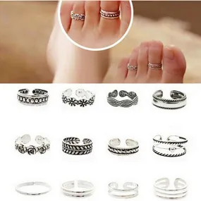 12PCS Vintage Retro Antique Silver Beach Punk Elephant Moon Arrow Ring Set Ethnic Carved Adjustable Open Toe Ring Finger Foot