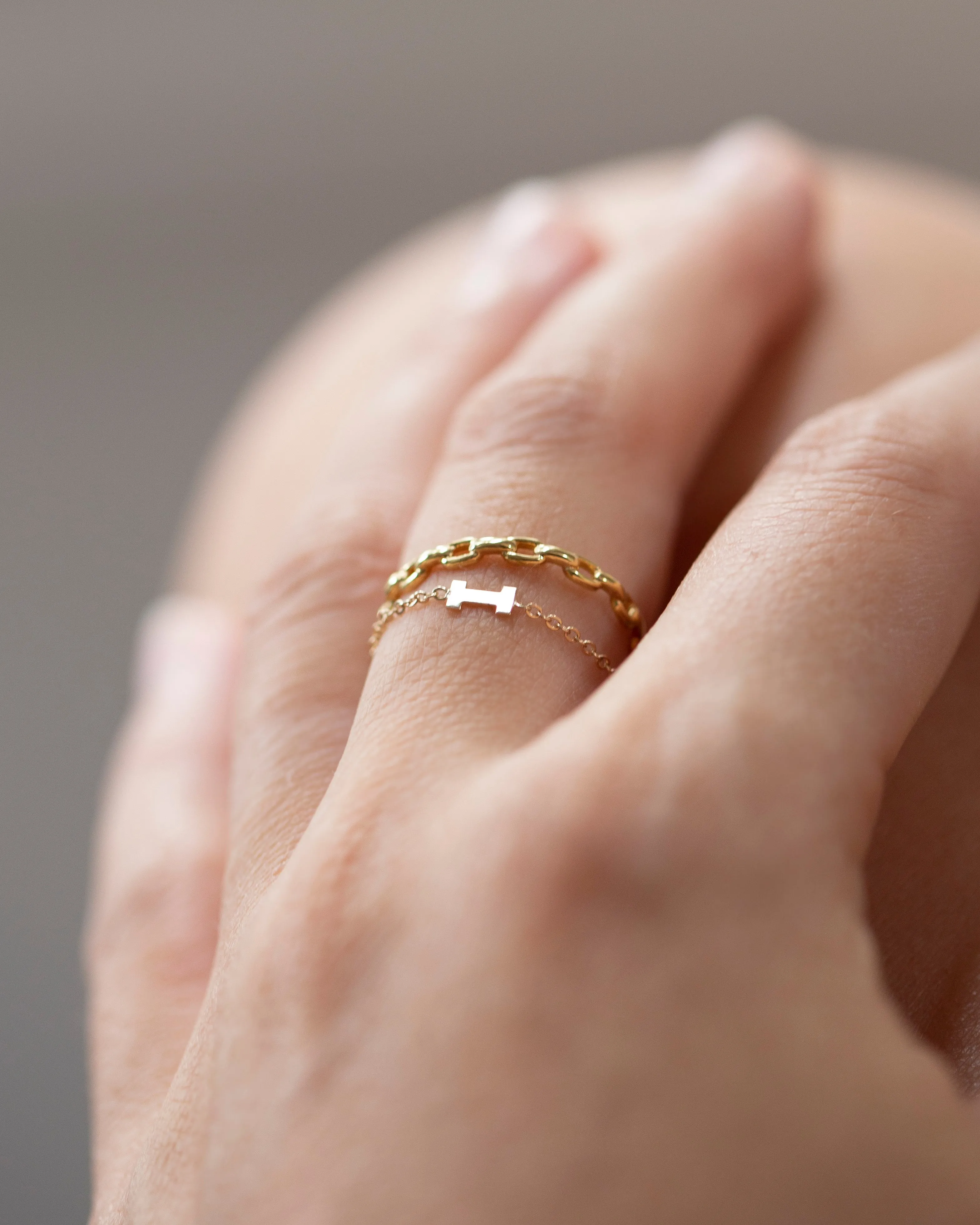 14k Dainty Chain Block letter Initial Ring