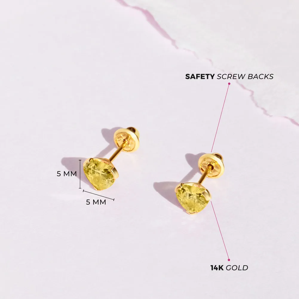 14k Gold Birthstone CZ Heart Baby / Toddler / Kids Earrings Safety Screw Back