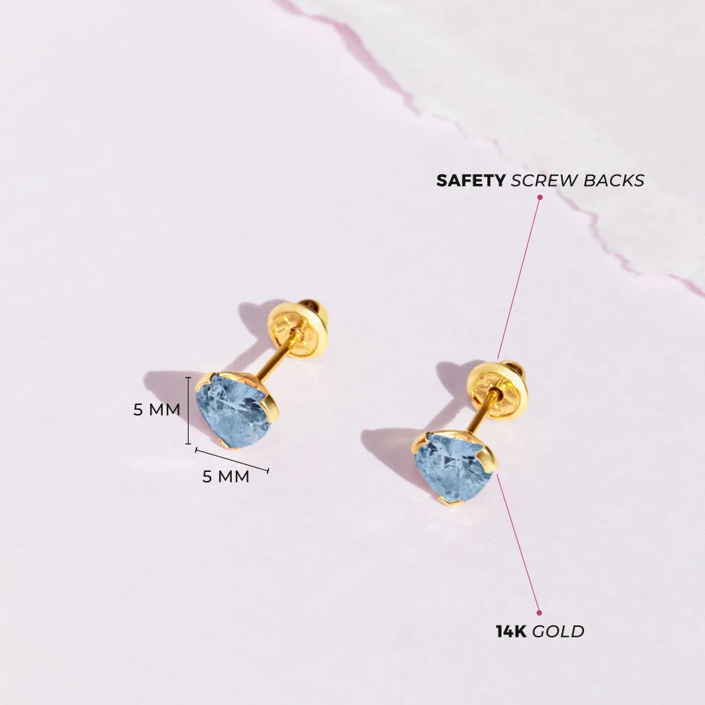 14k Gold Birthstone CZ Heart Baby / Toddler / Kids Earrings Safety Screw Back