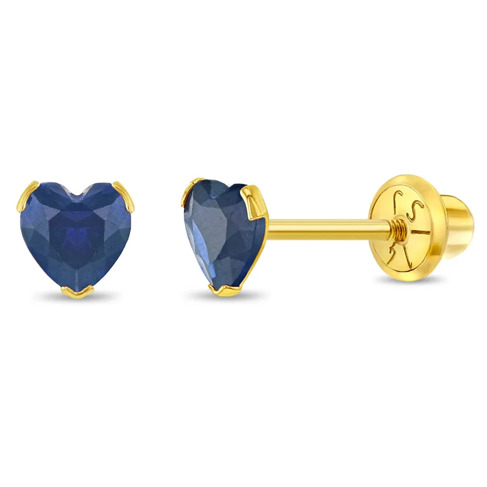 14k Gold Birthstone CZ Heart Baby / Toddler / Kids Earrings Safety Screw Back