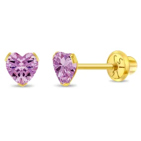 14k Gold Birthstone CZ Heart Baby / Toddler / Kids Earrings Safety Screw Back