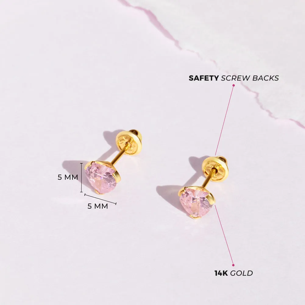 14k Gold Birthstone CZ Heart Baby / Toddler / Kids Earrings Safety Screw Back