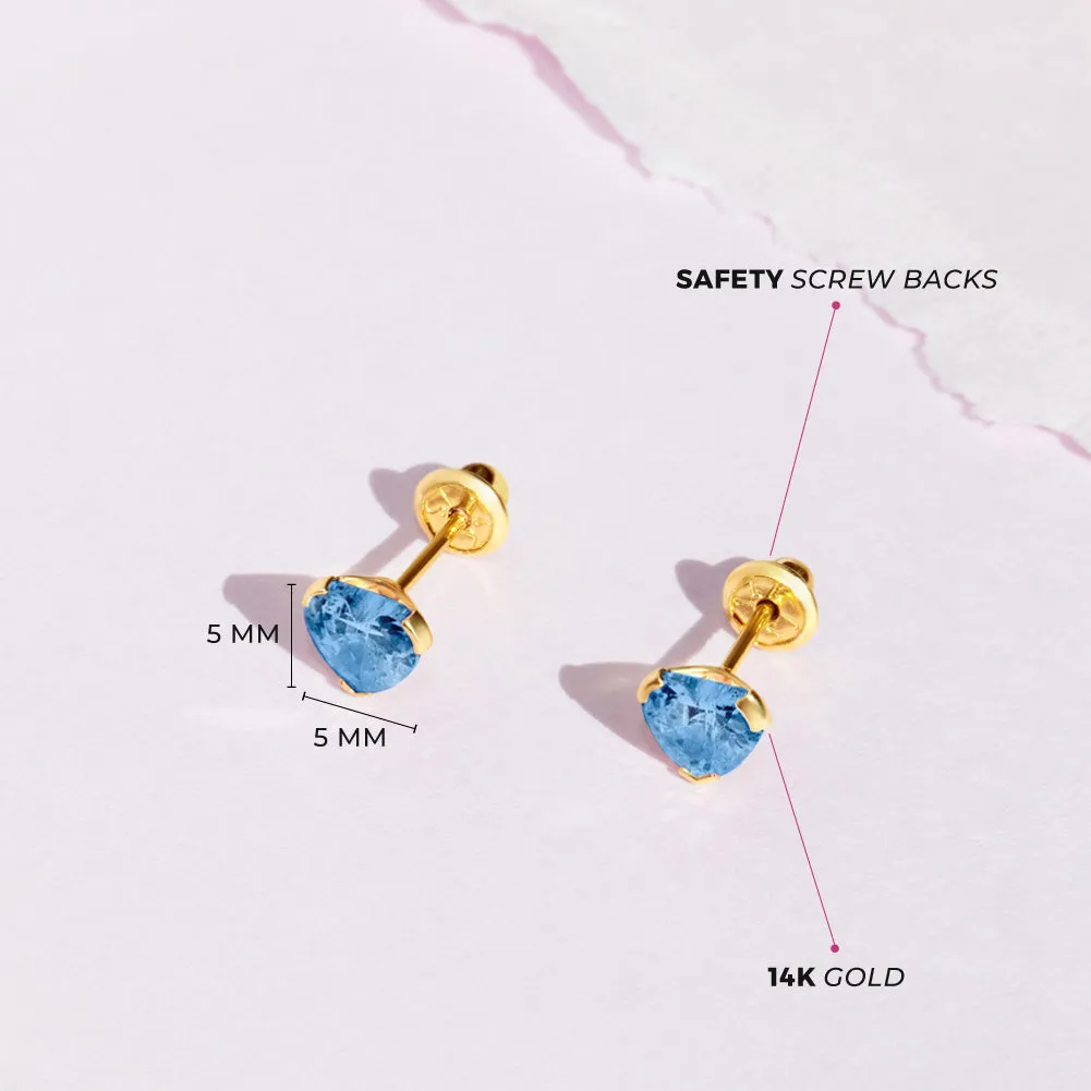 14k Gold Birthstone CZ Heart Baby / Toddler / Kids Earrings Safety Screw Back