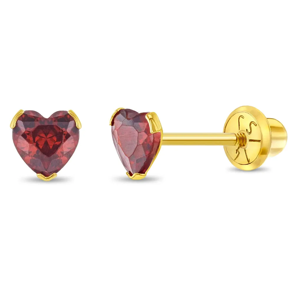 14k Gold Birthstone CZ Heart Baby / Toddler / Kids Earrings Safety Screw Back