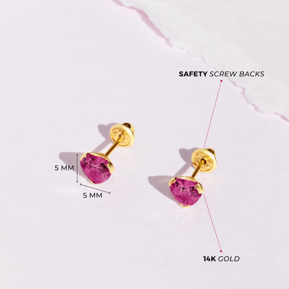 14k Gold Birthstone CZ Heart Baby / Toddler / Kids Earrings Safety Screw Back