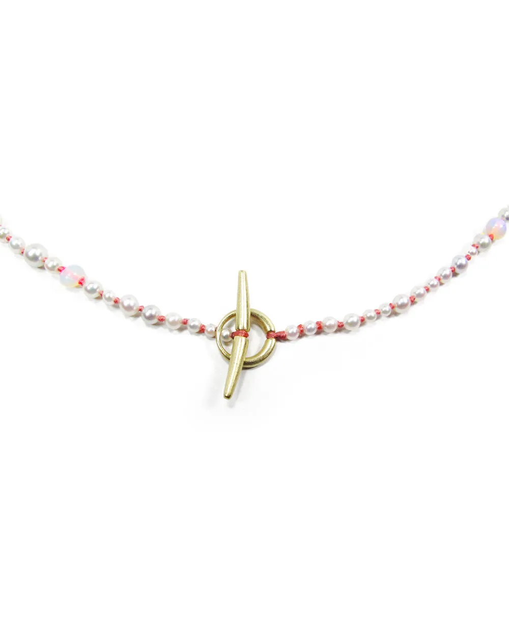 14k Pearl and Opal Necklace on Coral Silk Thread