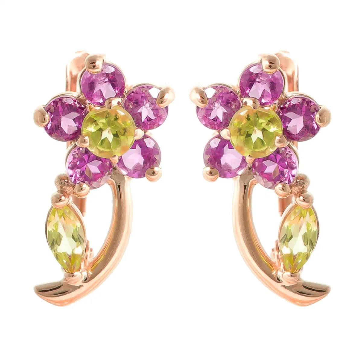 14K Solid Rose Gold Flowers Stud Earrings w/ Amethyst & Peridot