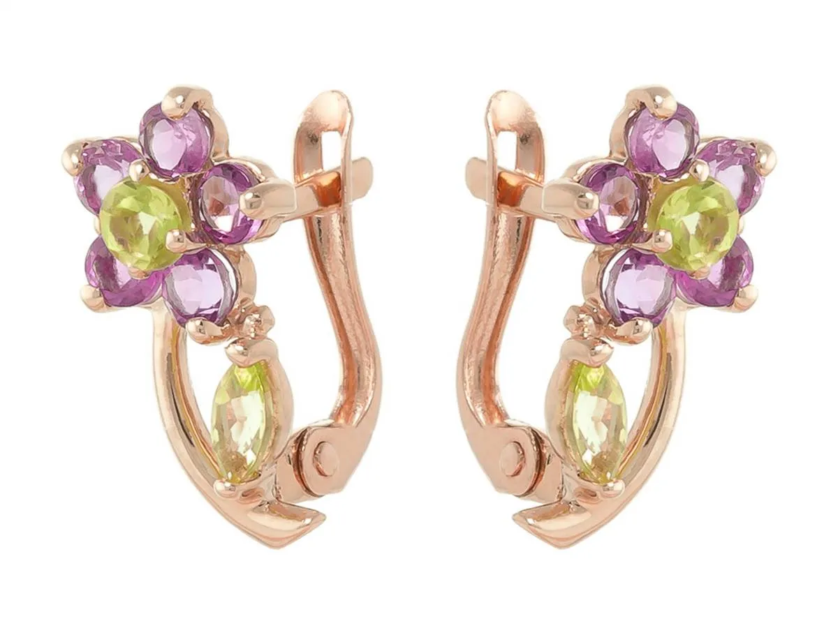 14K Solid Rose Gold Flowers Stud Earrings w/ Amethyst & Peridot