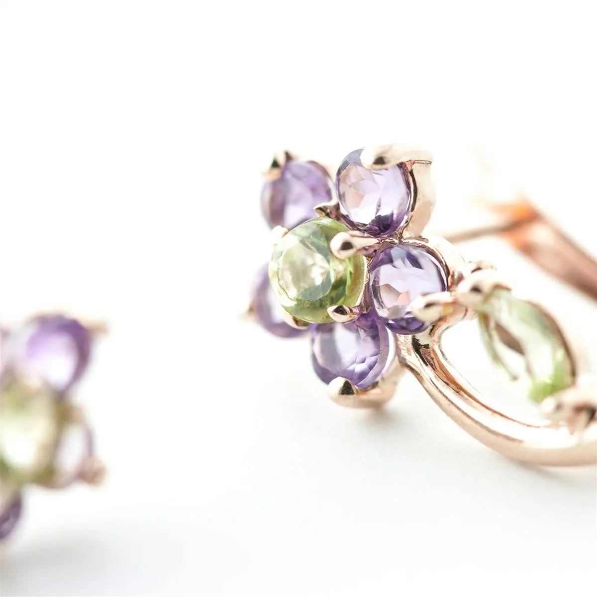 14K Solid Rose Gold Flowers Stud Earrings w/ Amethyst & Peridot