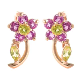 14K Solid Rose Gold Flowers Stud Earrings w/ Amethyst & Peridot