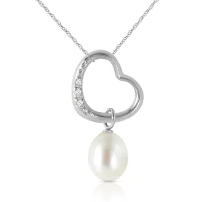 14K Solid White Gold Heart Necklace w/ Natural Diamond & Pearl