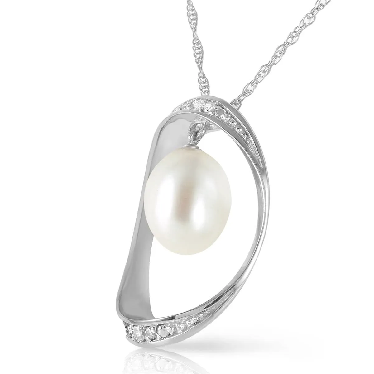 14K Solid White Gold Necklace w/ Natural Briolette Pearl & Diamonds