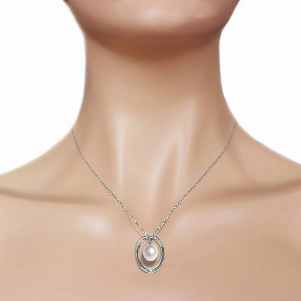 14K Solid White Gold Necklace w/ Natural Briolette Pearl & Diamonds