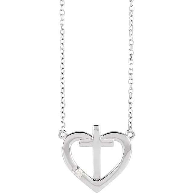 14K White Gold .015 CT Natural Diamond Heart & Cross 18" Necklace