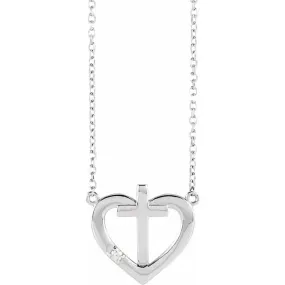 14K White Gold .015 CT Natural Diamond Heart & Cross 18" Necklace