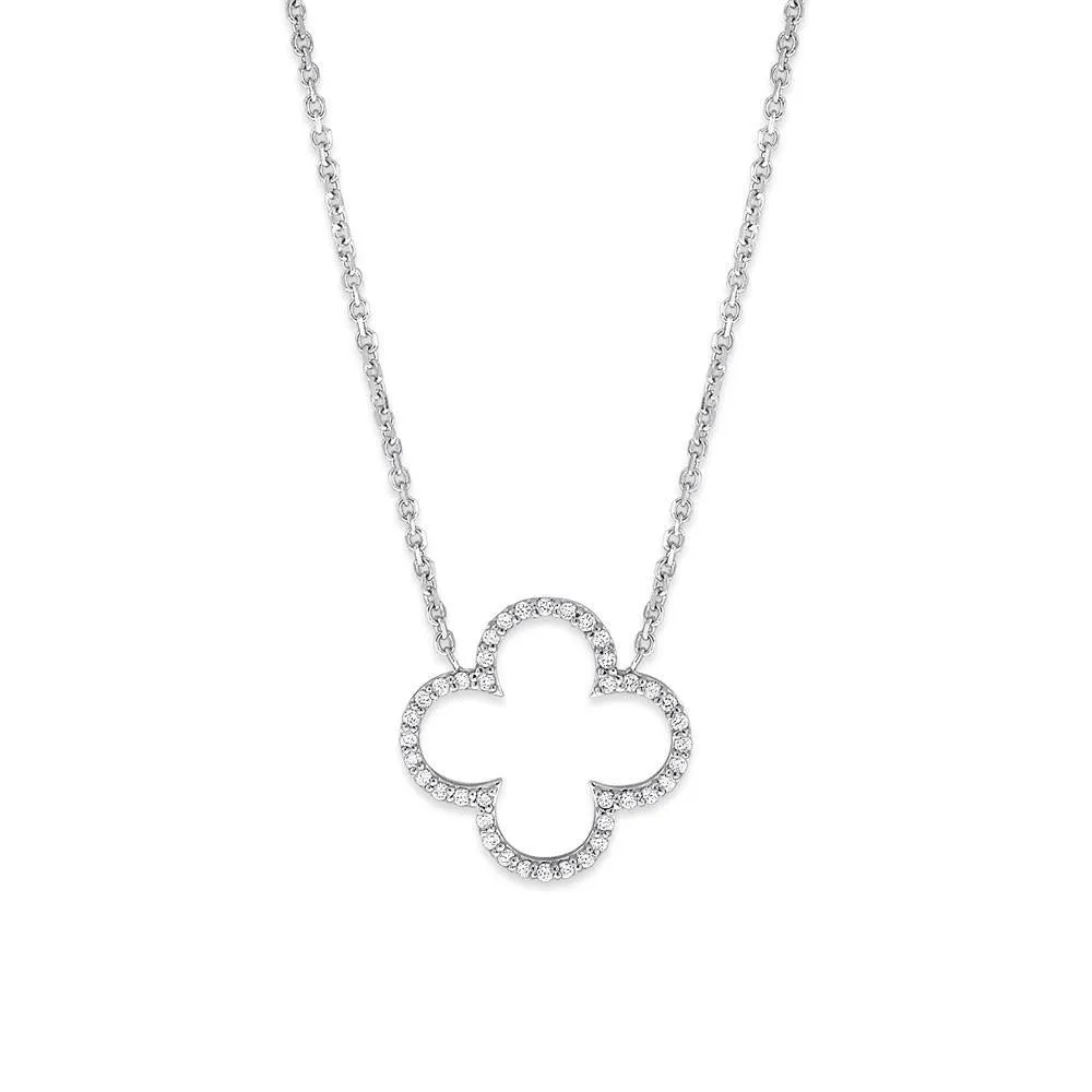 14k White Gold Diamond Clover Necklace