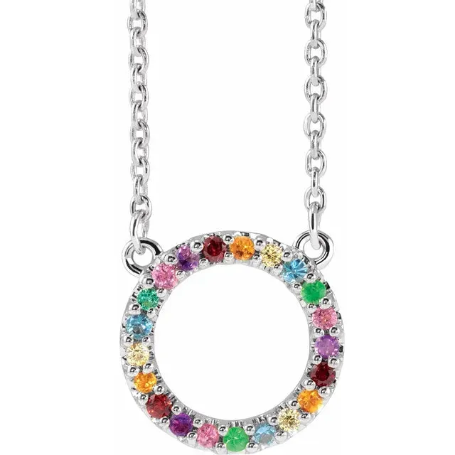 14K White Gold Natural Multi-Gemstone Rainbow Circle 16" Necklace