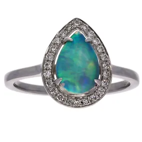 14K White Gold Pear Shaped Opal w/Diamond Halo Ring