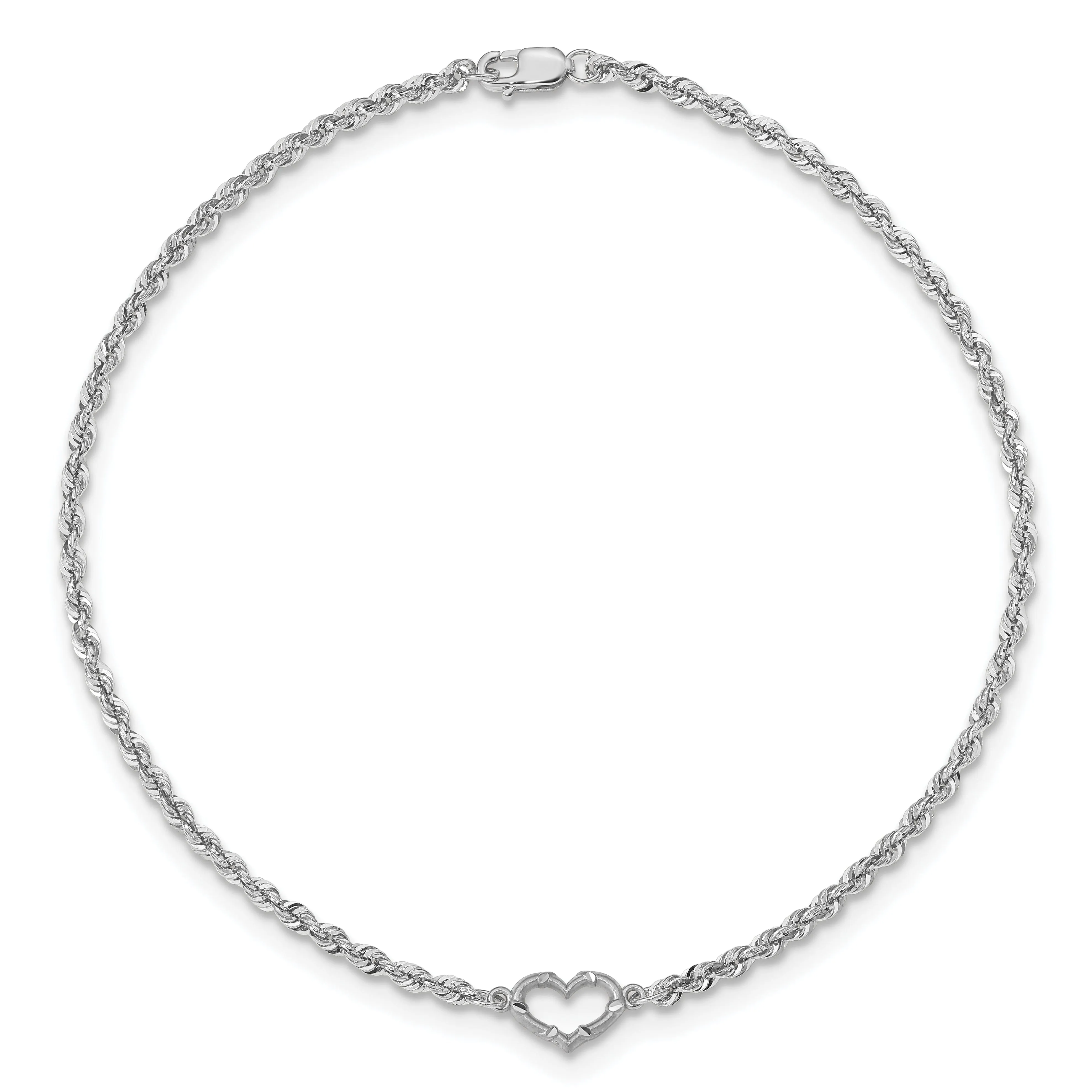 14k White Gold Rope Heart Design Anklet