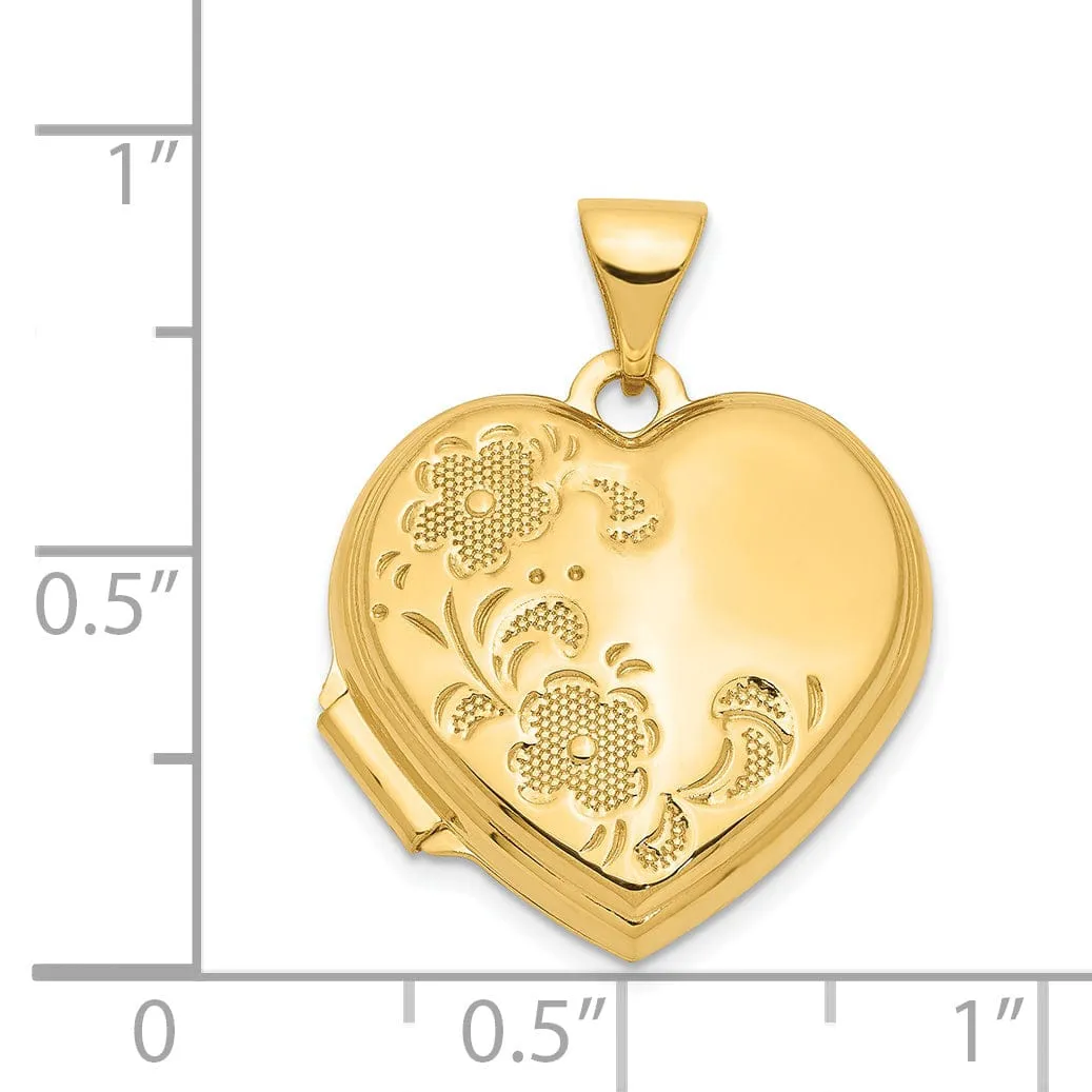 14k Yellow Gold 18MM Heart Two Flower Locket