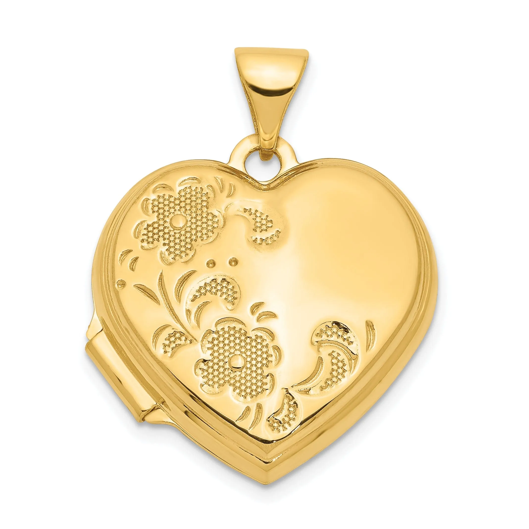 14k Yellow Gold 18MM Heart Two Flower Locket