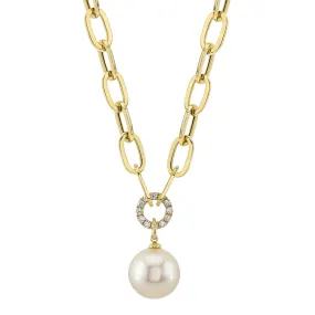 14K Yellow Gold Diamond and Cultured Pearl Paperclip Link Necklace