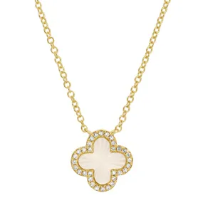 14K Yellow Gold Diamond and Mother of Pearl Fluted Quatrefoil Necklace