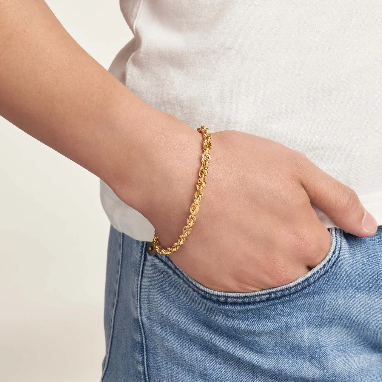 14k Yellow Gold Hollow 5mm Rope Chain Bracelet with Lobster Lock - Light Rope Chain Bracelet with Diamond Cut