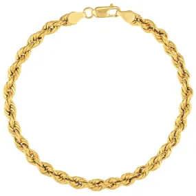 14k Yellow Gold Hollow 5mm Rope Chain Bracelet with Lobster Lock - Light Rope Chain Bracelet with Diamond Cut