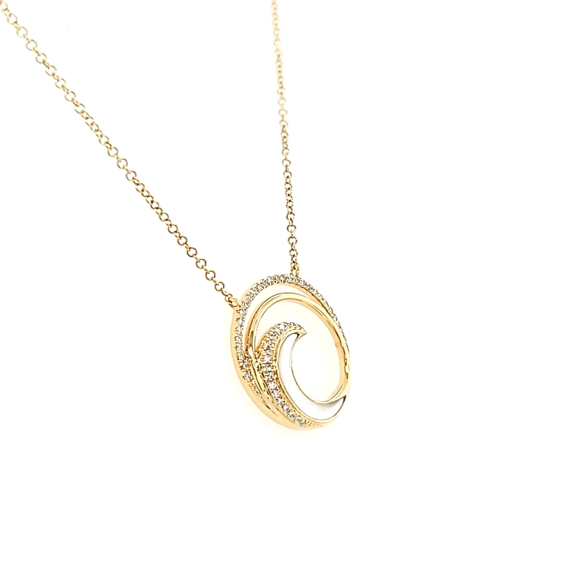 14k Yellow Gold Mother of Pearl & Diamond Swirl Necklace (I7597)