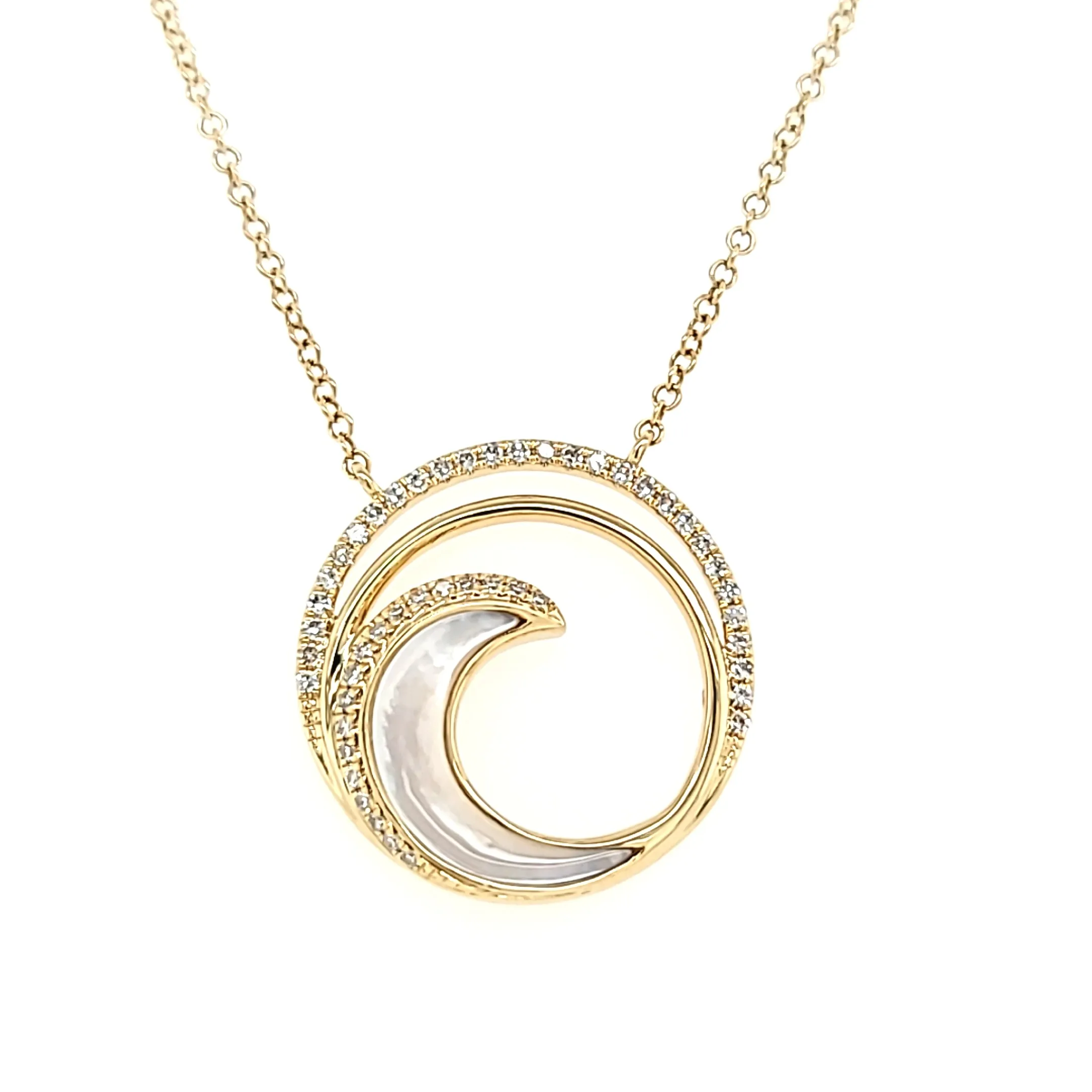 14k Yellow Gold Mother of Pearl & Diamond Swirl Necklace (I7597)