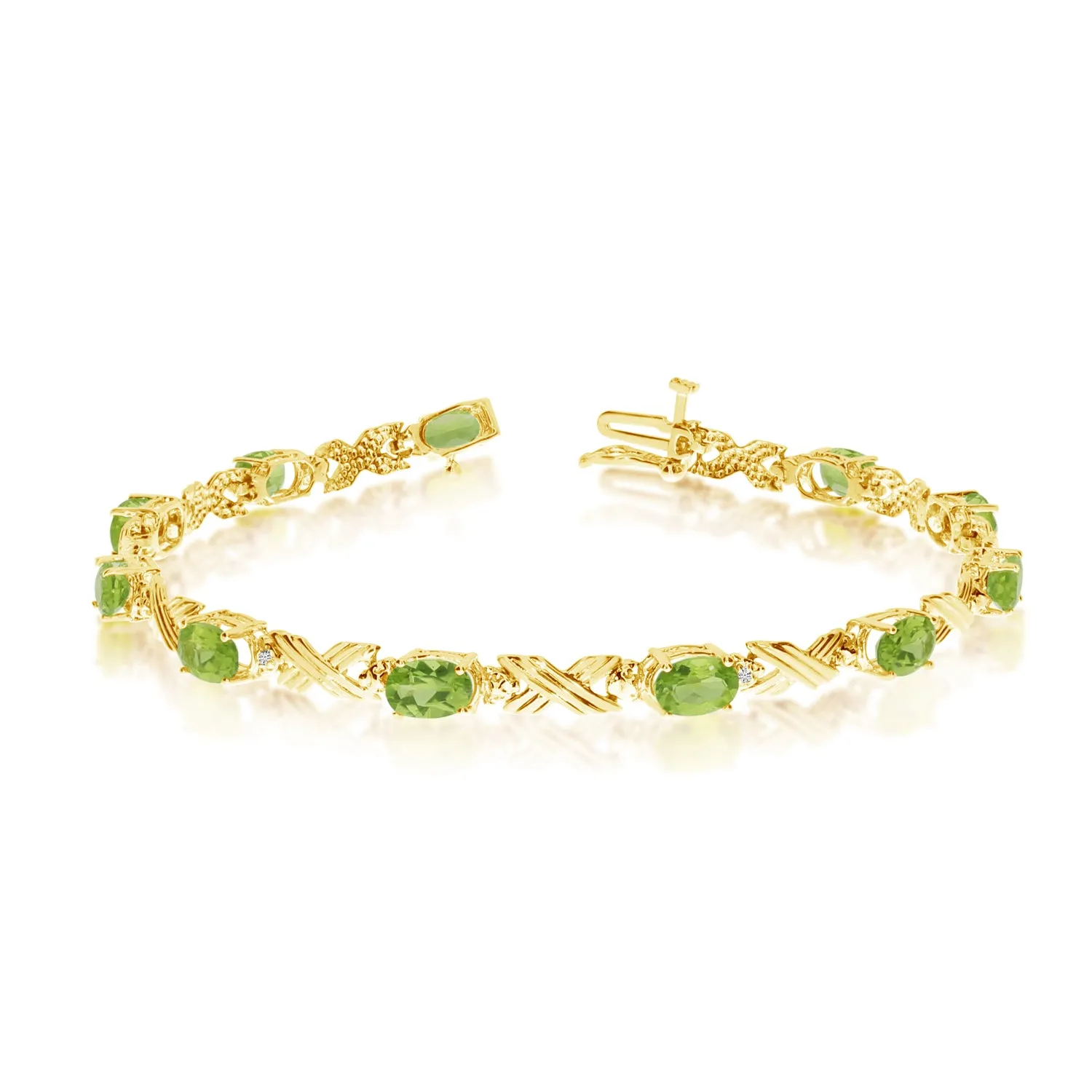 14K Yellow Gold Oval Peridot Stones And Diamonds Tennis Bracelet, 7"