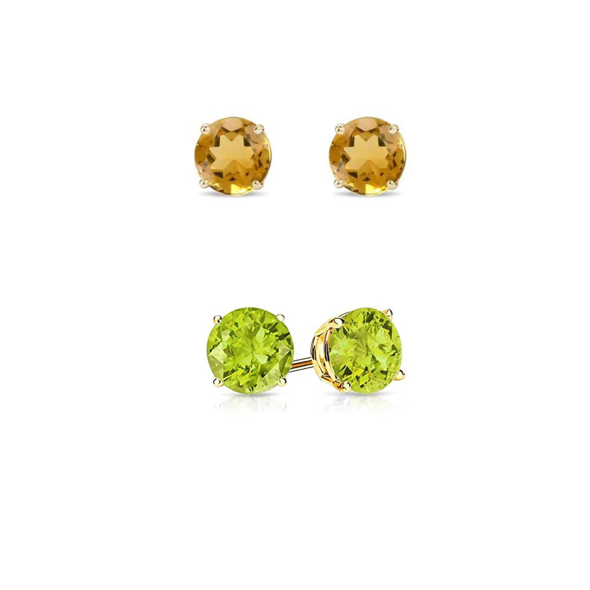 14k Yellow Gold Plated 2Ct Created Citrine and Peridot 2 Pair Round Stud Earrings