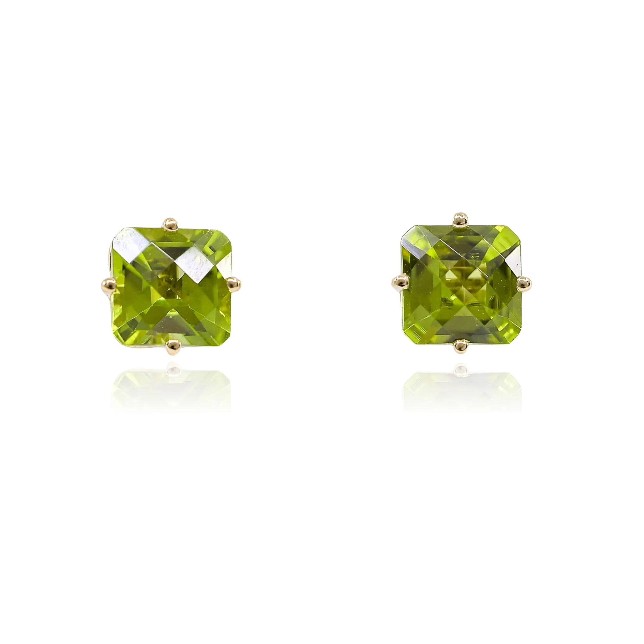 14K YELLOW GOLD PRINCESS CUT PERIDOT STUD EARRINGS