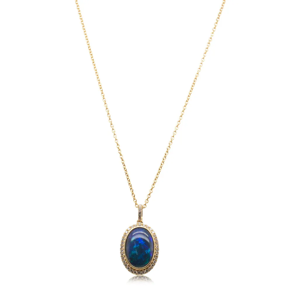 18ct Yellow Gold Black Opal & Diamond Necklace