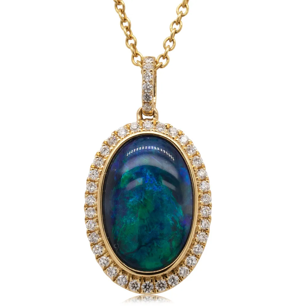 18ct Yellow Gold Black Opal & Diamond Necklace