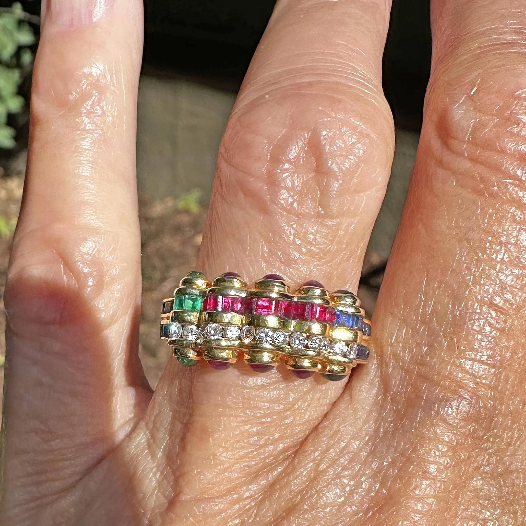 18K Gold Emerald Ruby Sapphire Diamond Tutti Frutti Ring Band