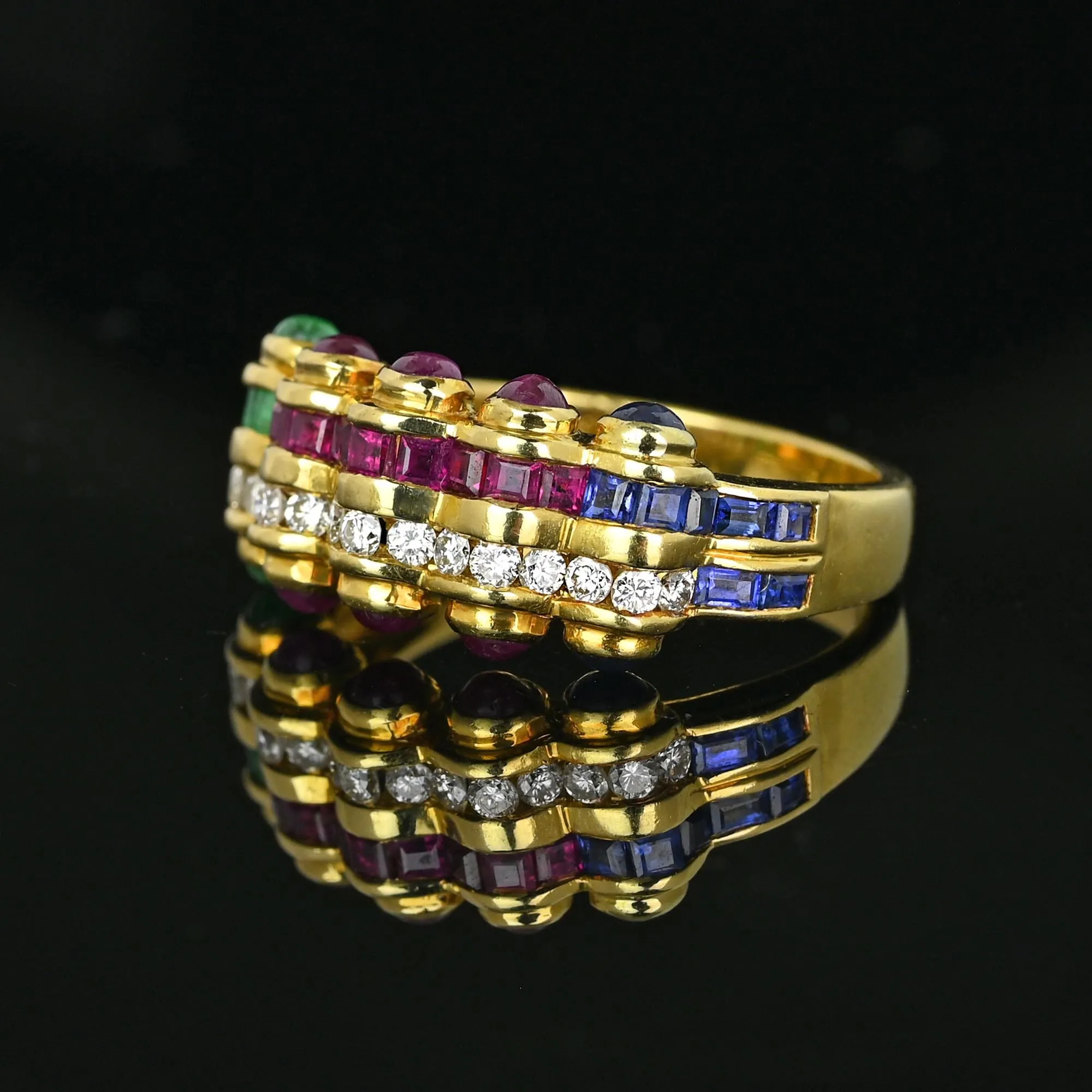 18K Gold Emerald Ruby Sapphire Diamond Tutti Frutti Ring Band