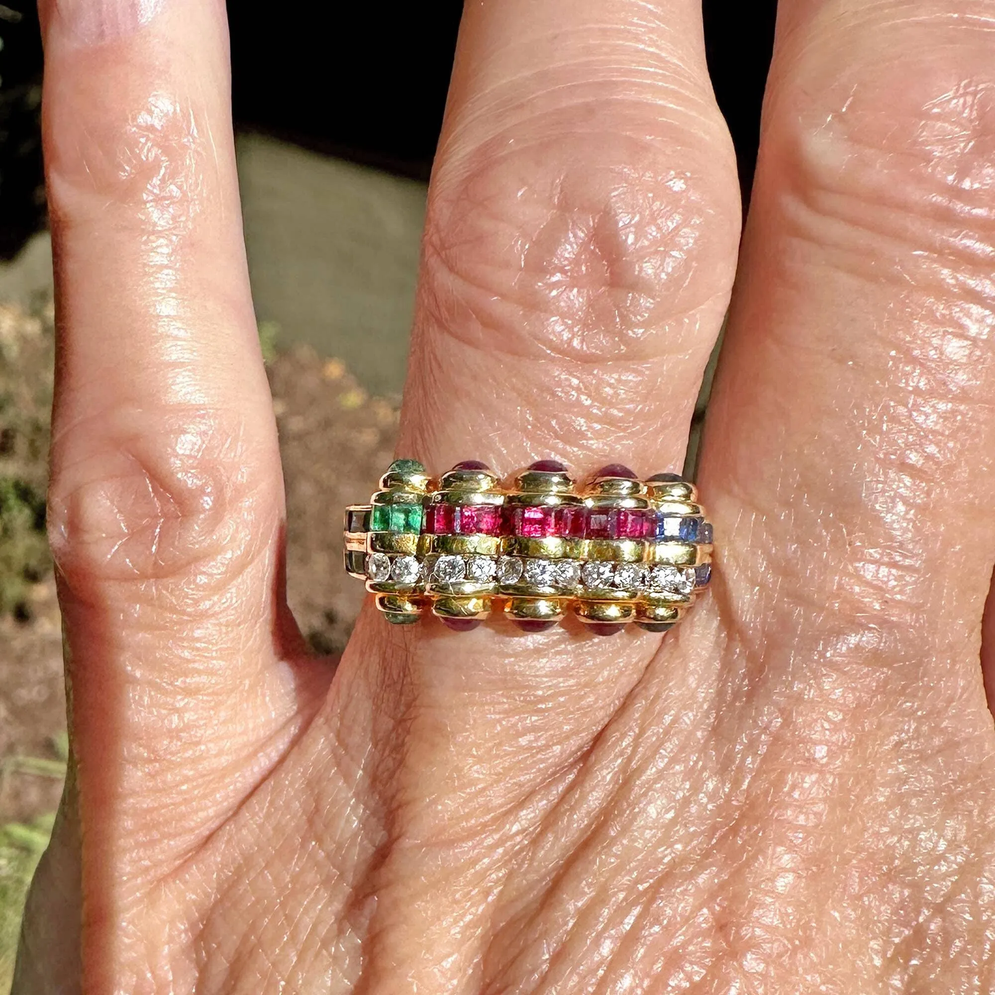 18K Gold Emerald Ruby Sapphire Diamond Tutti Frutti Ring Band