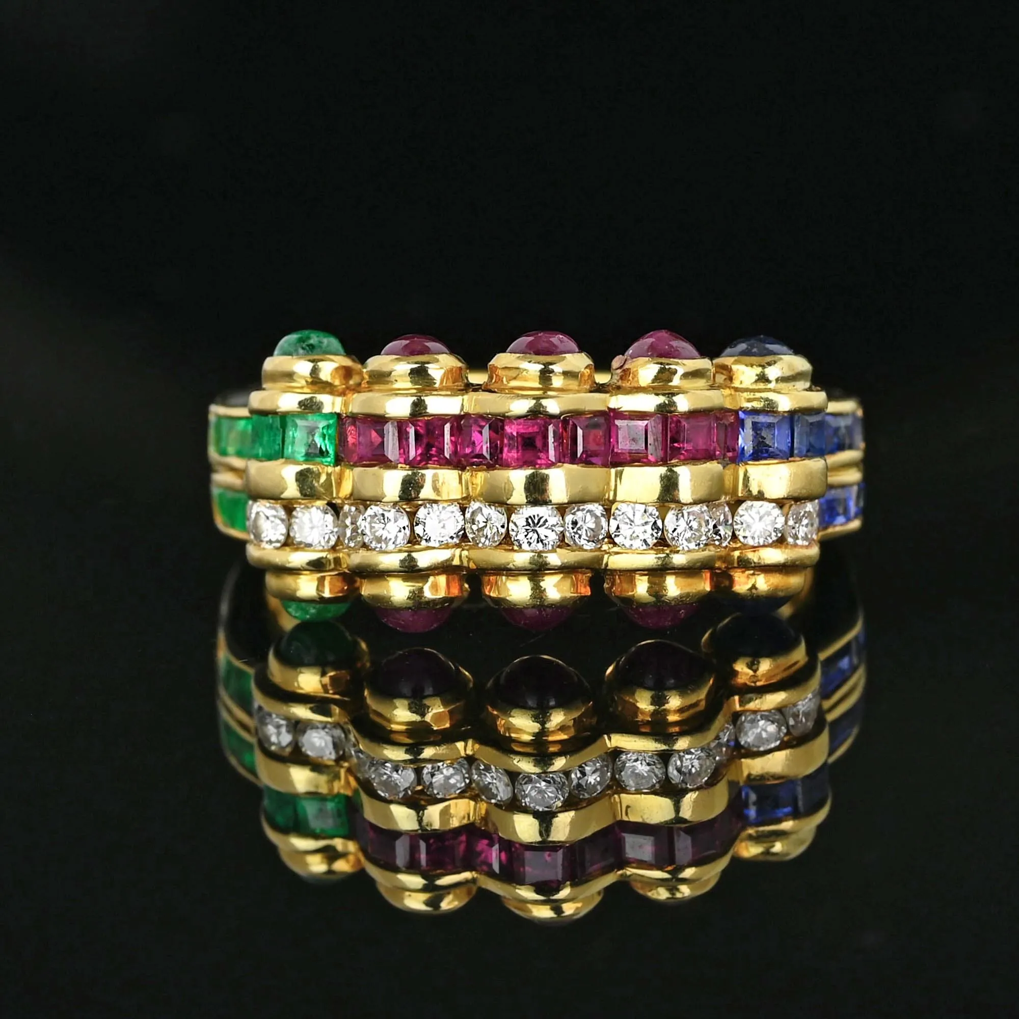 18K Gold Emerald Ruby Sapphire Diamond Tutti Frutti Ring Band